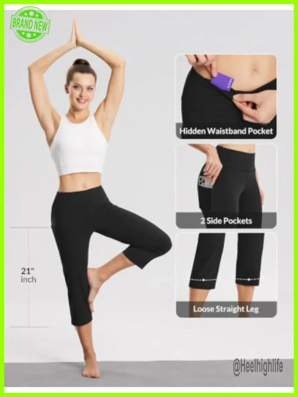 High Waist Capri Yoga Pants with Pockets, 4-Way Stretch, Straight Leg